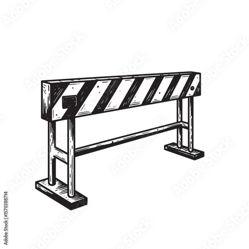 Hand-drawn construction barrier with striped warning design in black and white vector illustration