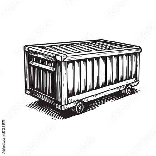 Hand-drawn illustration of a shipping container on wheels for logistics and cargo transportation