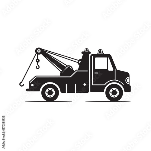 Simple black and white illustration of a tow truck for roadside assistance and recovery