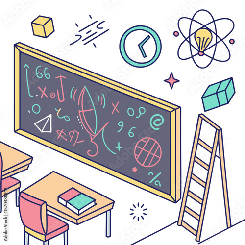 Bright and colorful isometric illustration of a classroom scene featuring a blackboard filled with mathematical equations a clock an atom symbol desks chairs books and a ladder