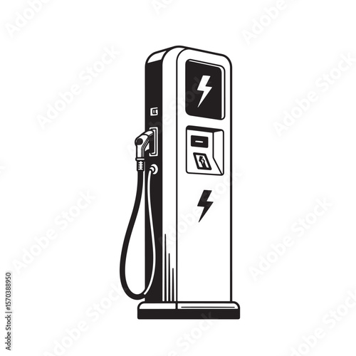 Minimalist black and white illustration of an electric vehicle charging station for eco-friendly transportation