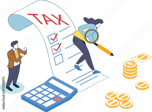 People analyzing tax document with calculator and coins checklist