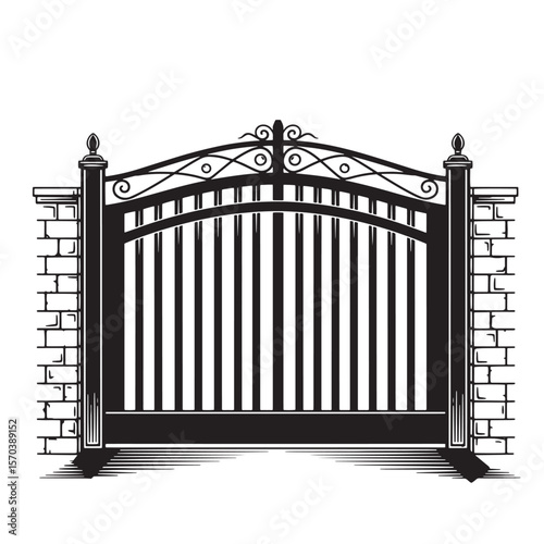 Vector illustration of a black iron gate with ornate details between brick pillars on white
