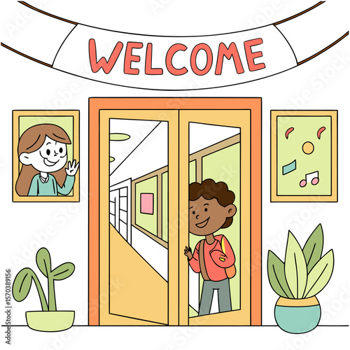 A cheerful boy with a backpack waves hello as he enters a school hallway through double doors under a large welcome banner