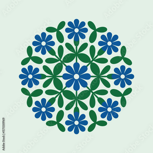 Blue floral green leaf circular pattern vector