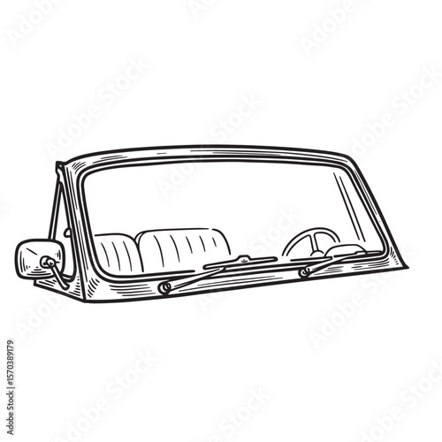 Vector illustration of a classic car interior view featuring windshield and steering wheel