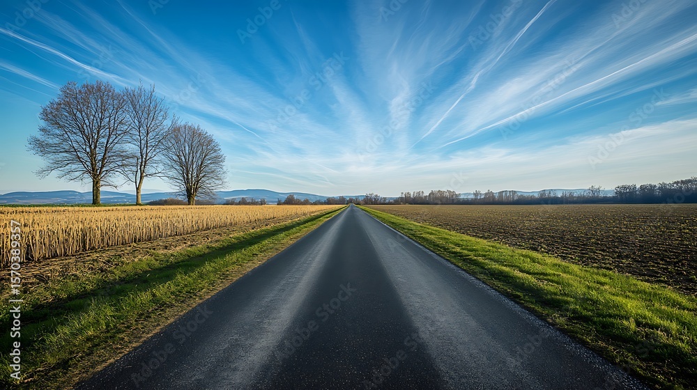 Fototapeta premium Asphalt road through fields under a cloudy blue sky with distant mountains and bare trees