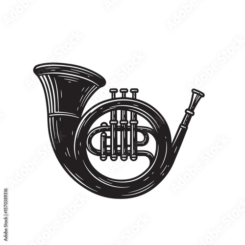 Vector illustration of a detailed french horn musical instrument in a black and white style