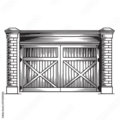 Vector illustration of a detailed vintage garage door entrance with brick pillars