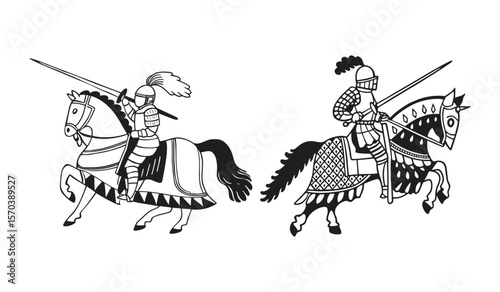 Intricate Engraving Style Silhouette of Medieval Knight in Full Plate Armor Riding a Majestic Warhorse