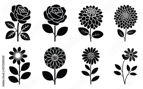 Eight black floral silhouettes flowers white