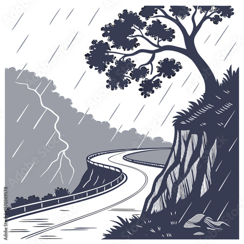 A winding mountain road curves through a dramatic landscape during a heavy rainstorm with lightning illuminating the stormy sky