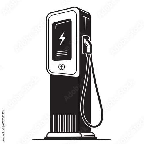 Vector illustration of a modern electric vehicle charging station in monochrome black and white