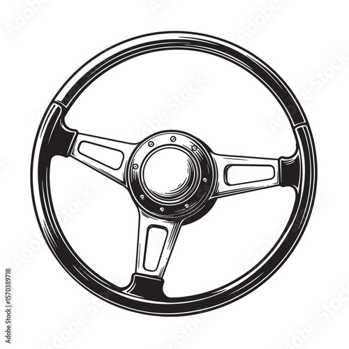 Vintage car steering wheel illustration in black and white outlined style for automotive design