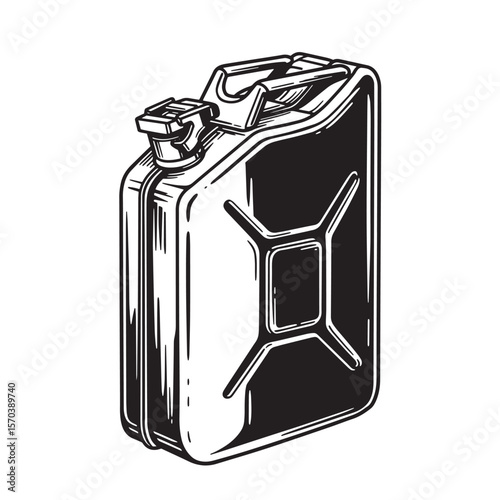 Vintage black and white illustration of a classic jerrycan for fuel storage and transportation