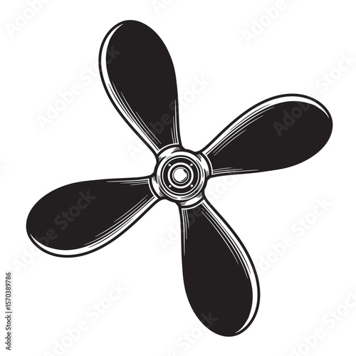 Vintage four bladed propeller in black and white illustration isolated on white background