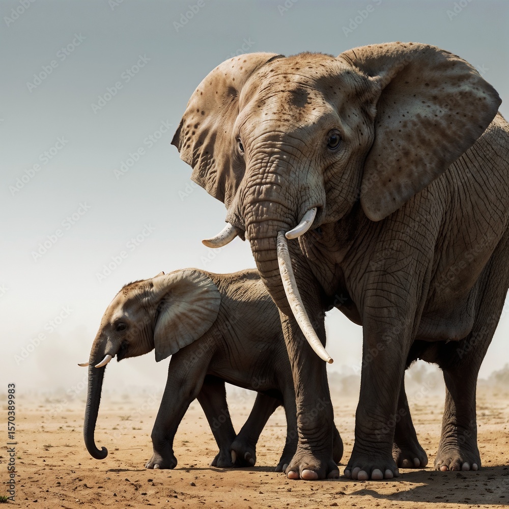 Fototapeta premium A large elephant with long tusks standing next to a smaller elephant on a dry dusty landscape scene