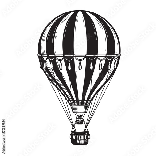 Vintage hot air balloon illustration detailed black and white graphic for design and decoration