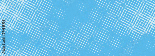 Dotted comic cloud background. Halftone clouds in bright blue sky. Pop art heaven wallpaper for banner, brochure, collage, leaflet, poster, flyer. Pixelated smoke, fog or smog texture
