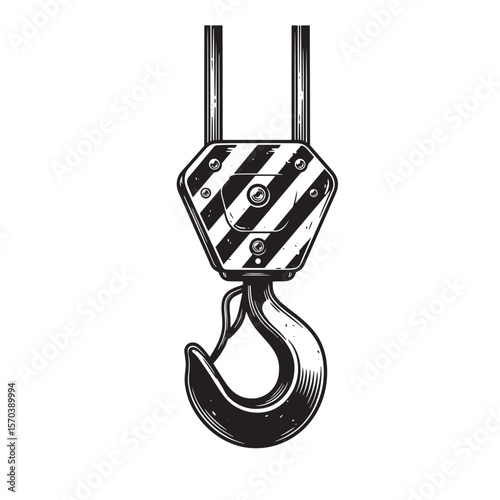Vintage hand drawn crane hook isolated on white construction lifting equipment illustration