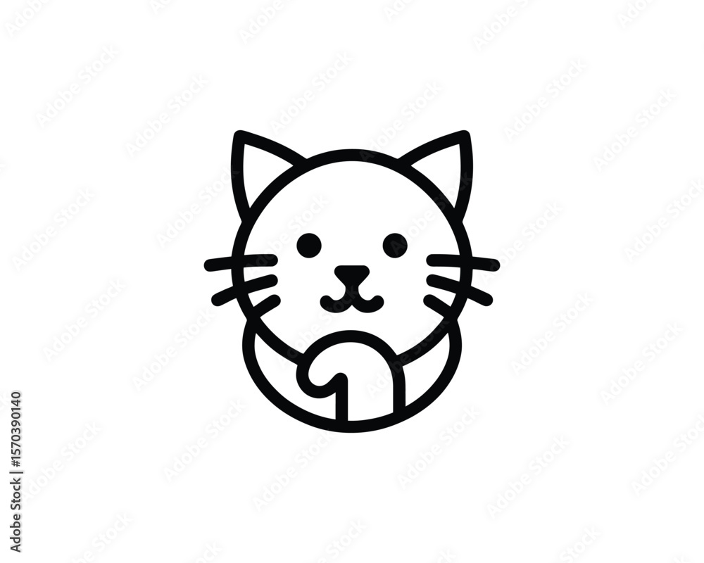 Fototapeta premium Minimalist cat icon with cute paw curl in outlined vector style