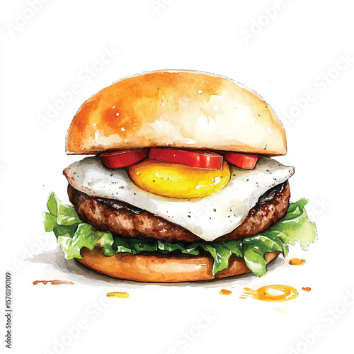 Watercolor Burger with Fried Egg Tomato and Fresh Lettuce Deliciously Illustrated