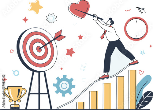 Person aiming for heart with arrow on target board dartboard