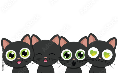 Four black kittens with green eyes cats