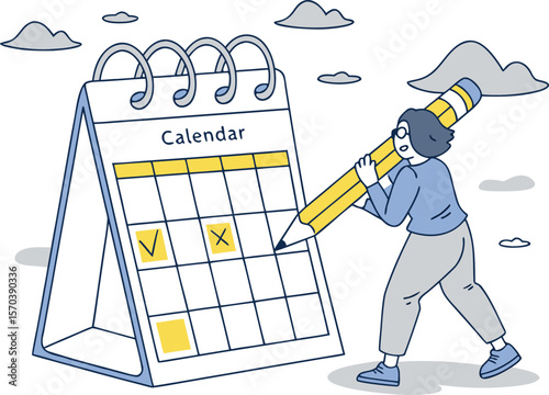 Person marking calendar with large pencil planning