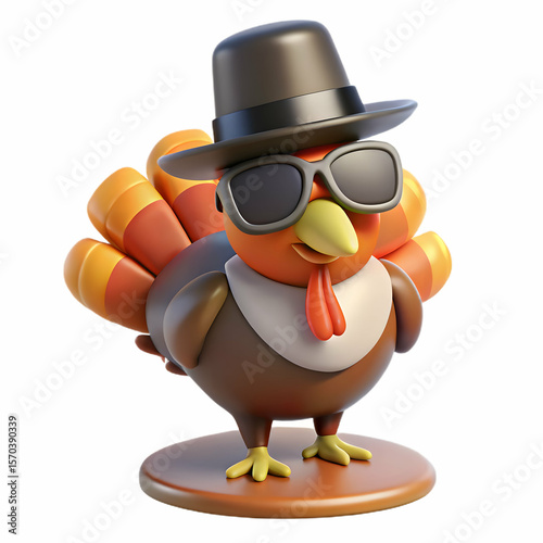 Cool thanksgiving turkey cartoon character wearing sunglasses and hat isolated on transparent background