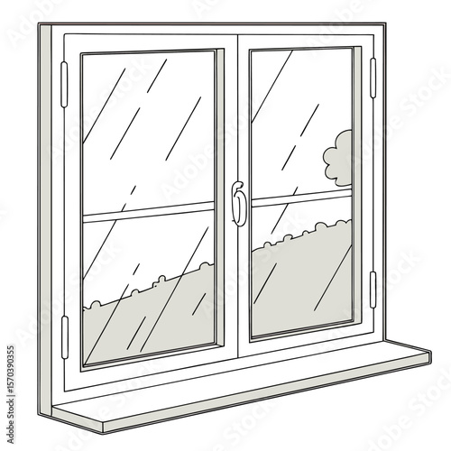 A simple line drawing illustration of a white casement window with two panes a central handle and a windowsill showing a stylized outdoor view with clouds and rolling hills
