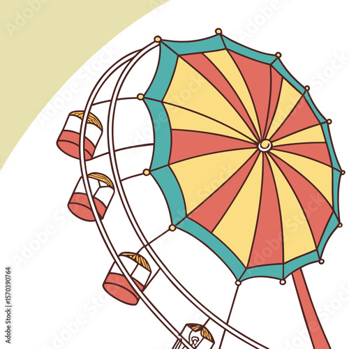 A colorful illustration of a ferris wheel with red yellow and teal segments featuring gondolas suspended from its structure against a white and pale yellow background