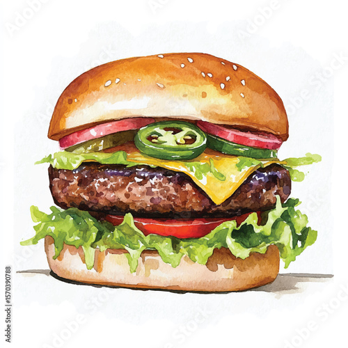 Watercolor Burger with Sesame Seed Bun Fresh Vegetables and Cheese