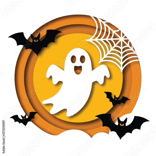Happy ghost bats spiderweb orange circle halloween