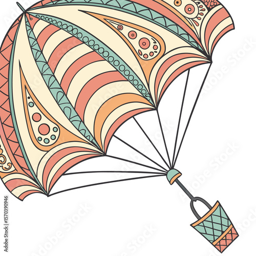 An intricately decorated open umbrella with a paisley and striped pattern in pastel colors suspended by thin black lines against a white background