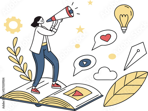 Person with megaphone on book surrounded by symbols lightbulb heart