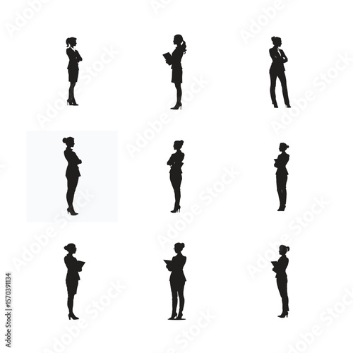 A vector illustration of diverse business people silhouettes, including women, walking and posing as a professional team