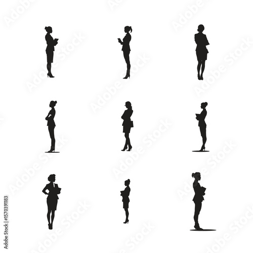 A dynamic collection of black vector silhouettes of people, including  women, and runners in action, perfect for illustrating sport and business