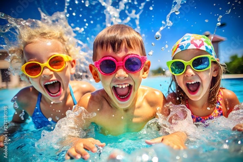 Three happy children wearing colorful sunglasses splash joyfully in a bright blue swimming pool on a sunny day