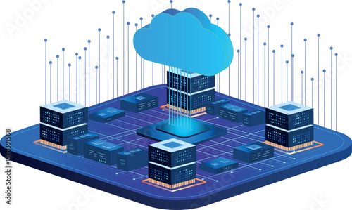 Cloud migration process visualized by elements applications moving from on-premise servers to cloud infrastructure.  Digital online information transfer, exchange, global connection, database. 