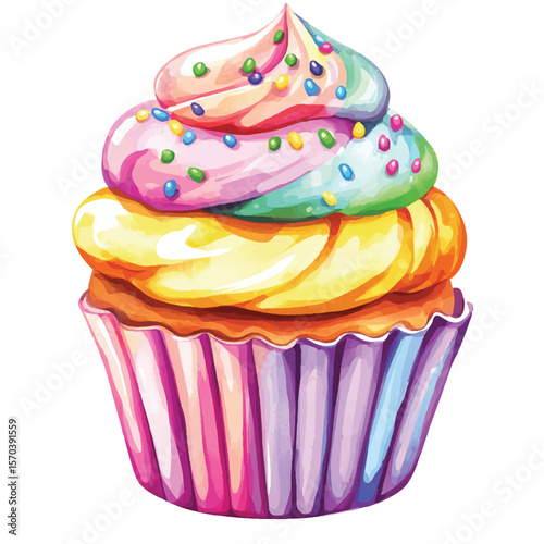 Vibrant Rainbow Cupcake with Colorful Frosting and Sprinkles