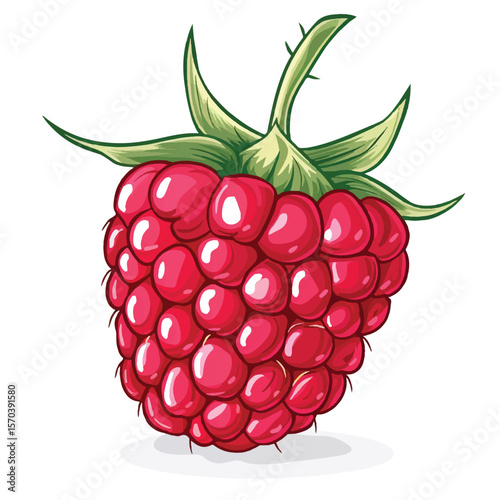 Vibrant Red Raspberry with Detailed Green Stem and Leaves