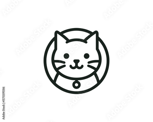 Playful minimalist cat head logo in round outline