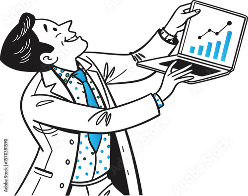 Smiling man in suit holding laptop displaying financial graph computer