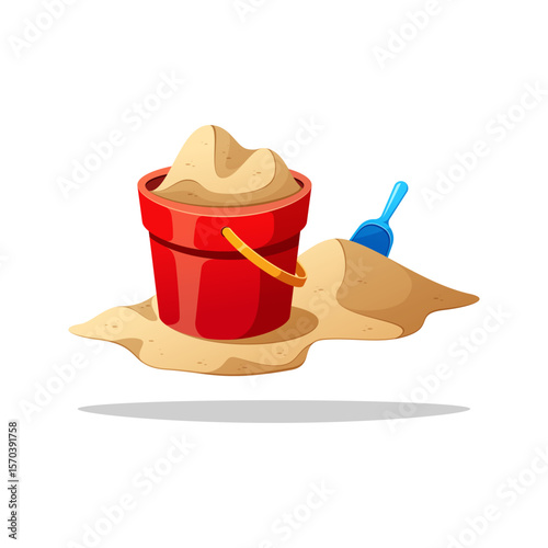 Sand in red bucket and blue scoop vector isolated on white background.