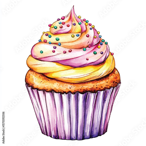 Vibrant Watercolor Cupcake with Swirled Frosting and Sprinkles