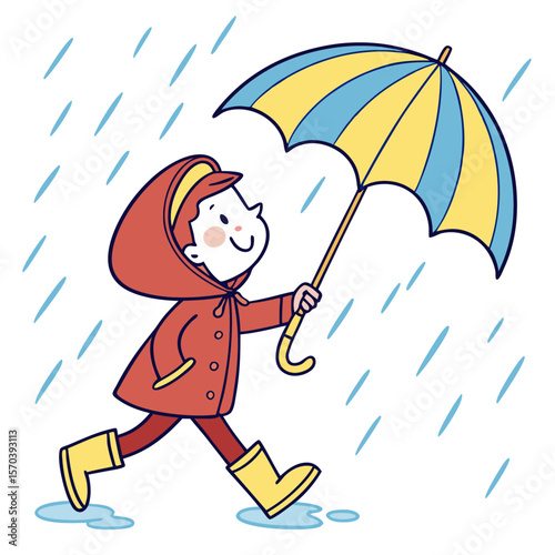 A cheerful cartoon child wearing a red raincoat and yellow boots walks happily through the rain holding a blue and yellow striped umbrella
