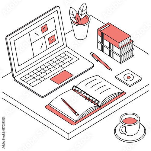 Modern isometric illustration of a clean desk setup featuring a laptop with a video call interface open notebook pen stack of books potted plant and a cup of coffee