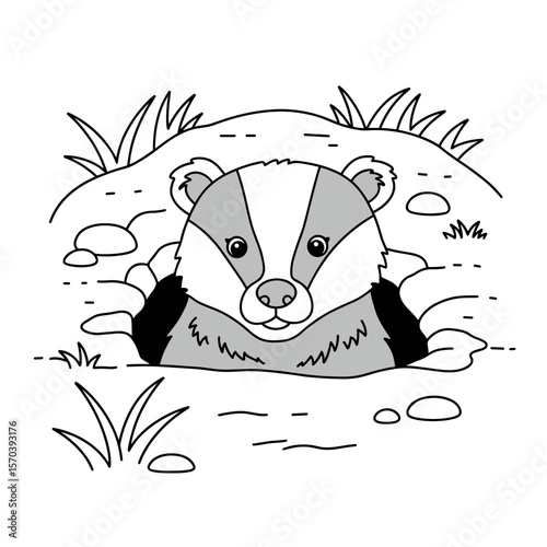 A cartoon badger with bold black-and-white facial stripes peeks out from its burrow, surrounded by grass and rocks in a natural setting.
