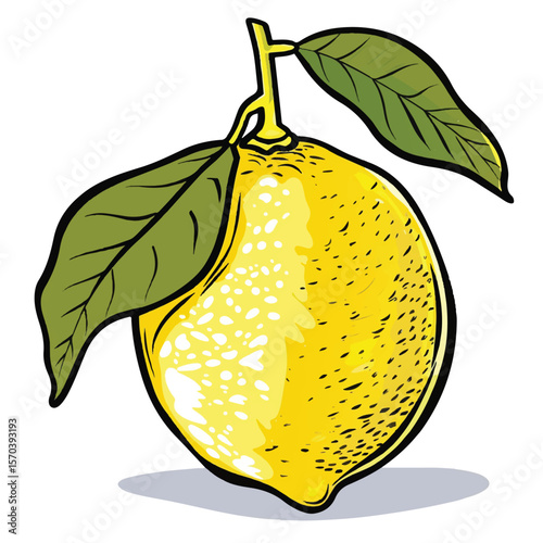 Vibrant Yellow Lemon with Detailed Leaves and Stem